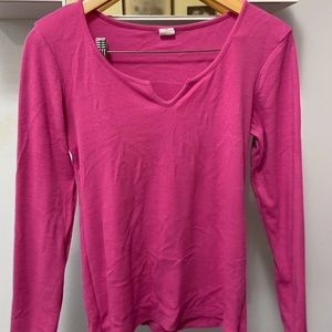 HOT Pink Notched scoop neck Long Sleeve Top
